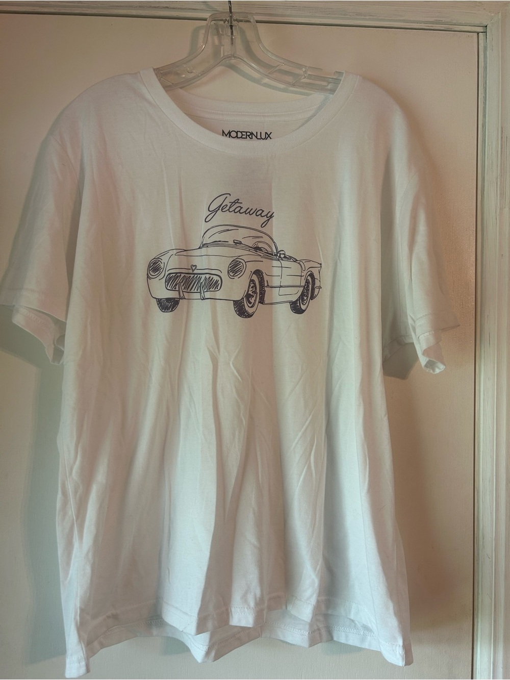Modern Lux White Graphic Tee with Navy Car Script